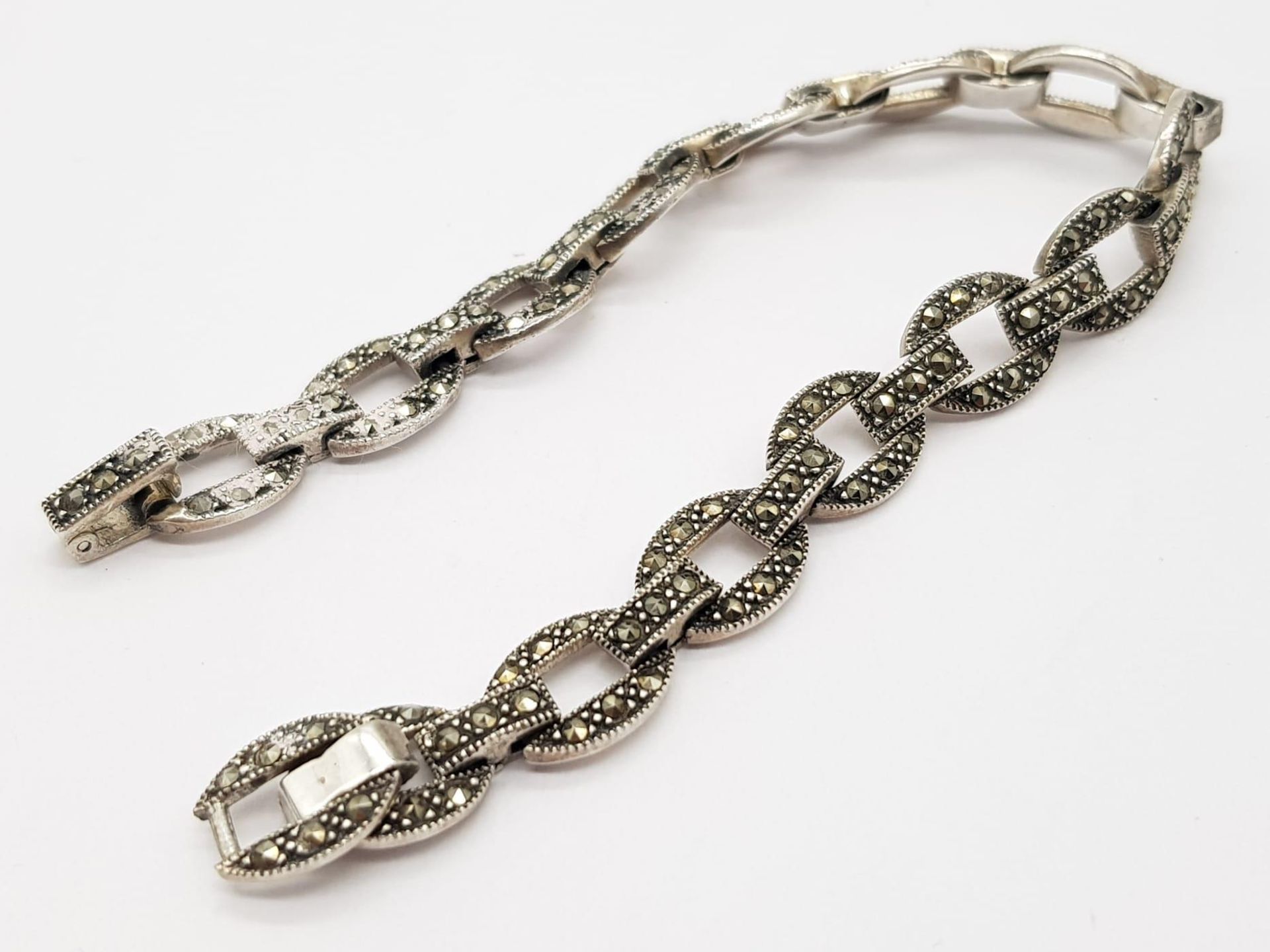 A 925 silver Marcasite link bracelet. Total weight 14.4G. Total length 19cm. - Image 6 of 9