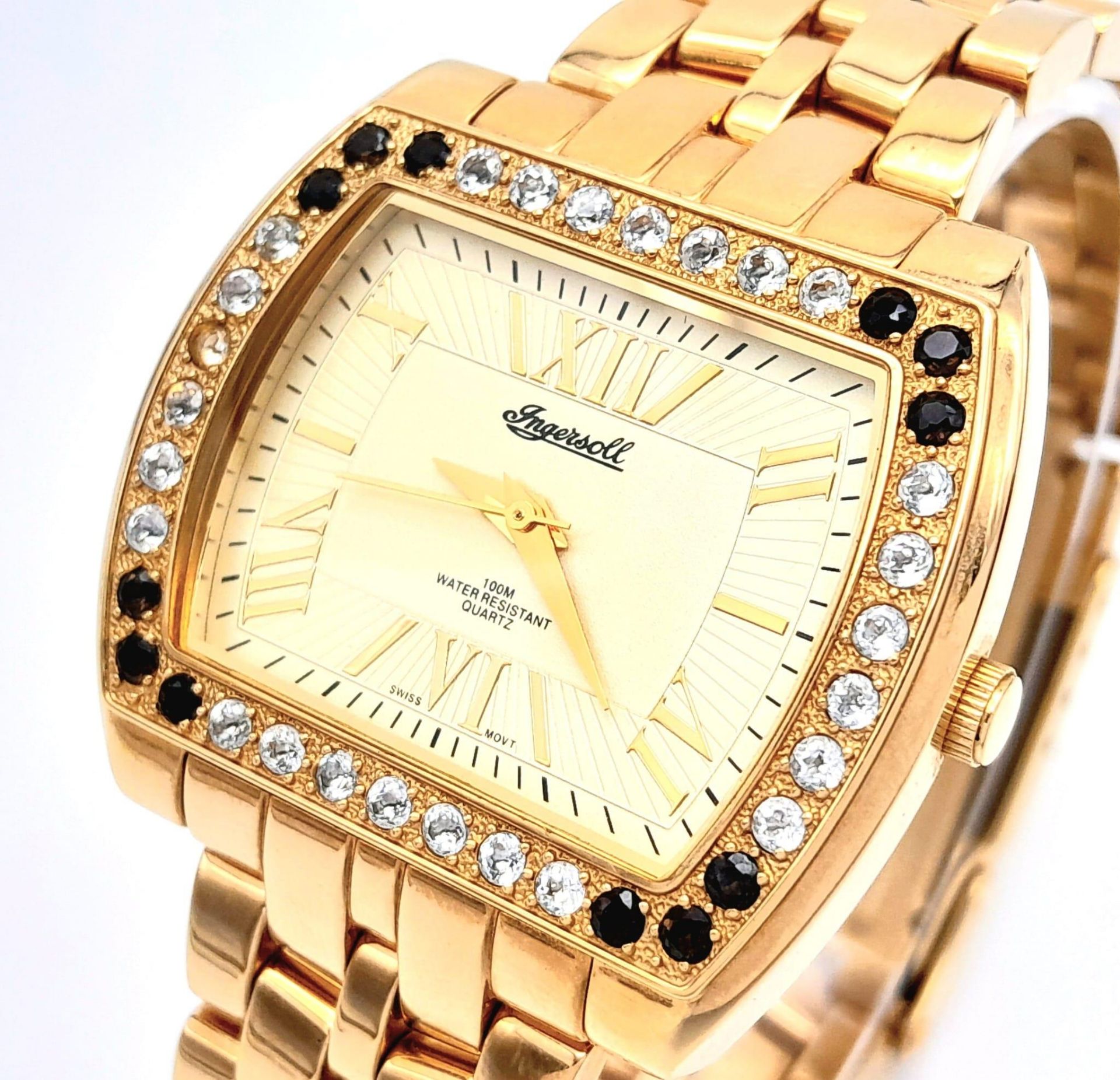 An Ingersoll Gold Plated Stone Set Quartz Ladies Watch. Gold plated bracelet and case - 38mm. - Image 2 of 6