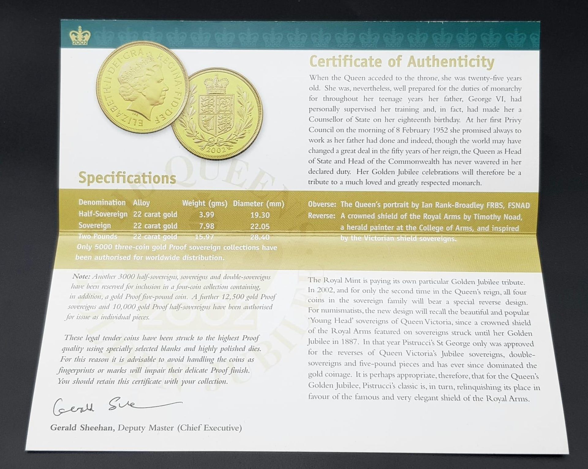 A Royal Mint 2002 Three Sovereign 22K Gold Proof Coin Set. This set features a double sovereign, - Image 6 of 7