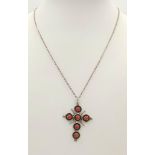 A Vintage Silver and Coral Cabochon Ornate Cross Pendant Necklace. 42cm Length Chain. Pendant