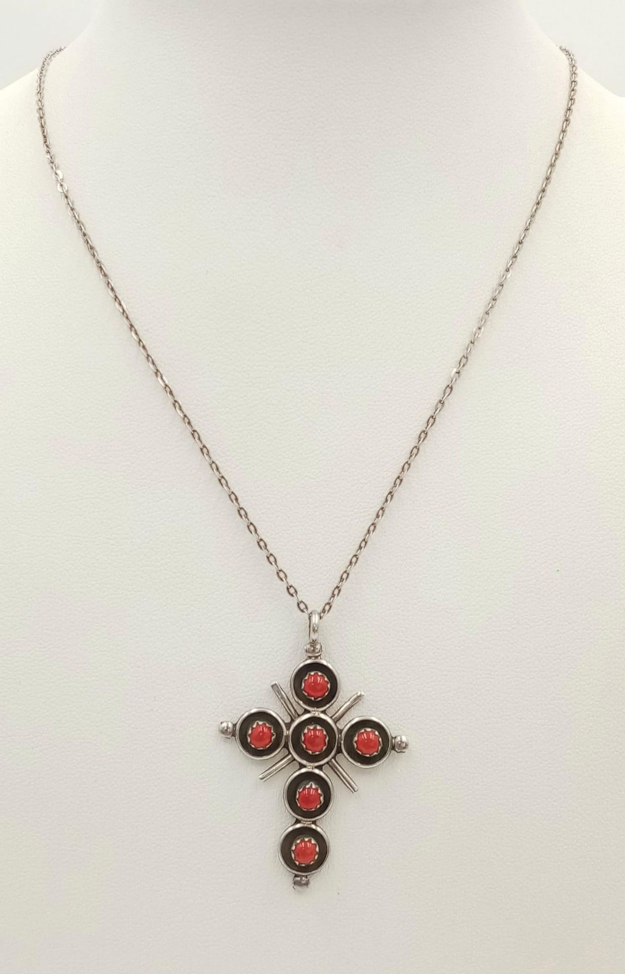 A Vintage Silver and Coral Cabochon Ornate Cross Pendant Necklace. 42cm Length Chain. Pendant