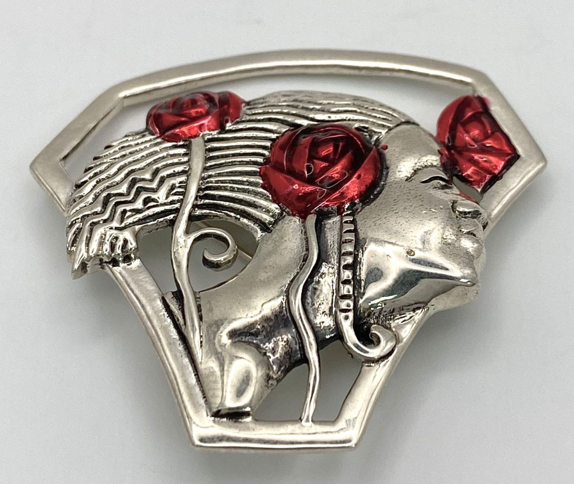 A Sterling Silver, Art Noveau Design, Enameled Red Roses on Figurine. 41mm Length. 10.96 Grams. - Image 5 of 8