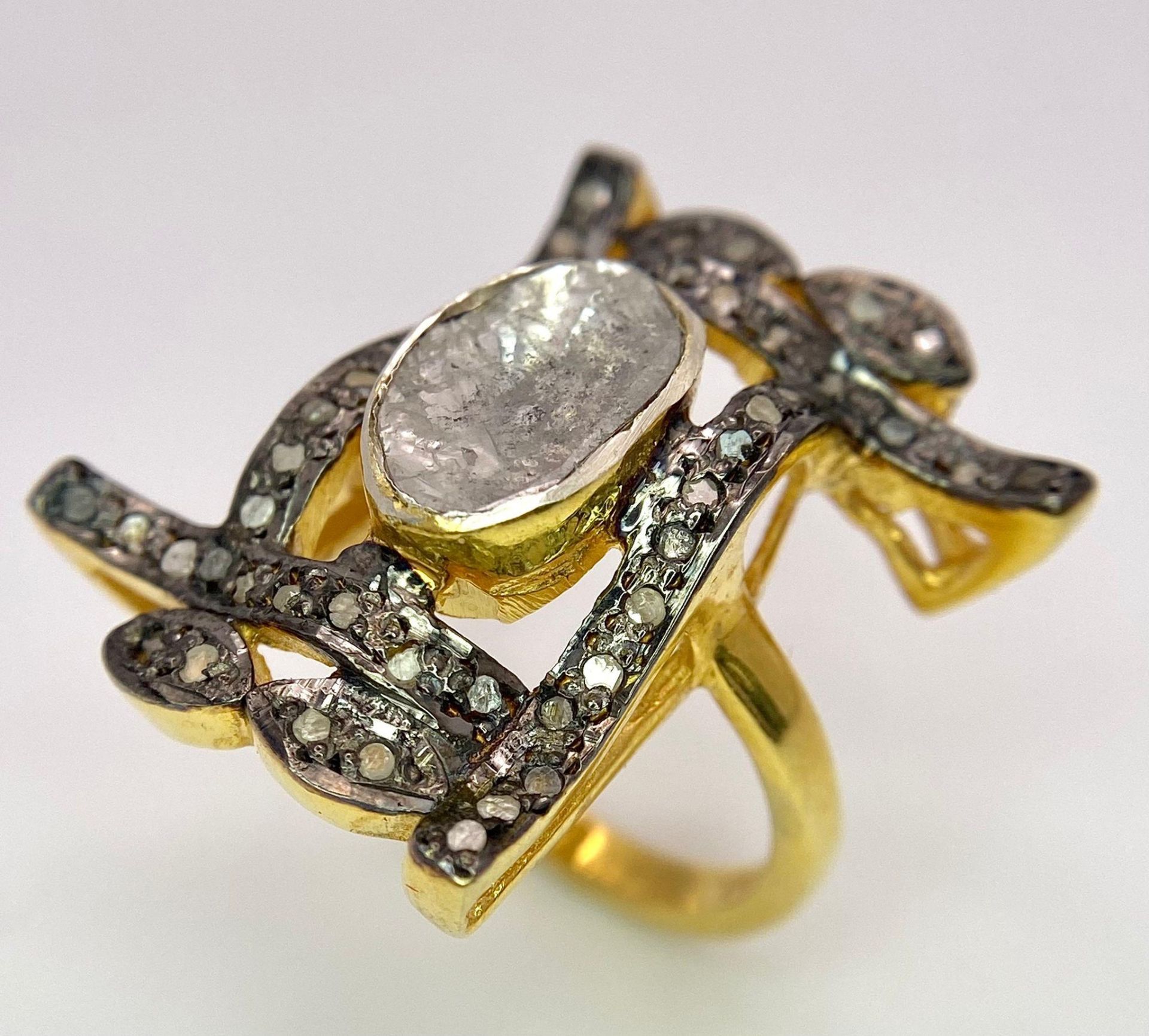 A spectacular, antique silver and gold ring with a large natural, old cut diamond (2.80 carats - Image 3 of 5