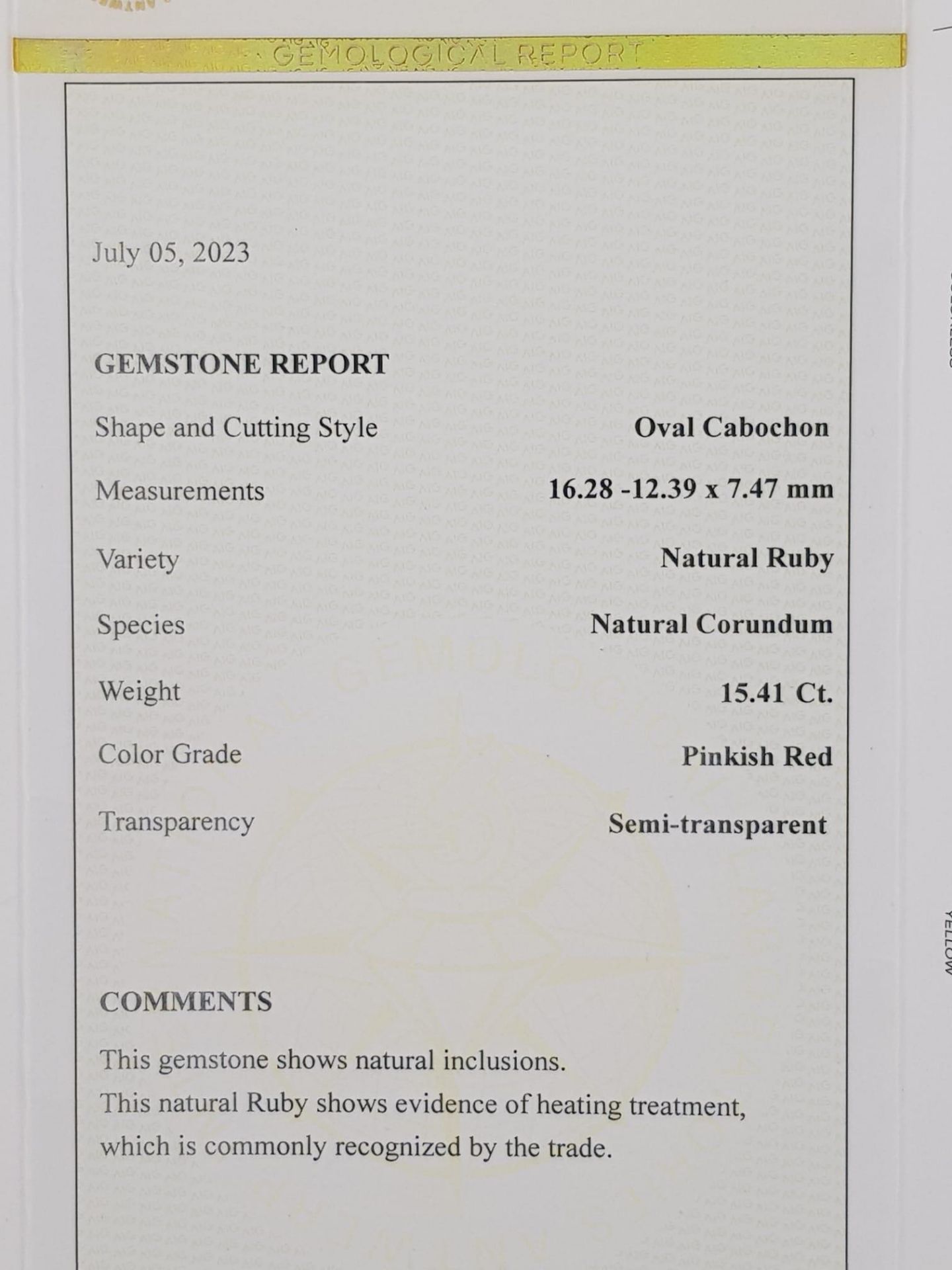 A Sealed 15.41ct Natural Ruby, in the Oval Cabochon shape. Comes with AIG Milan Certificate. ref: ZK - Bild 8 aus 9