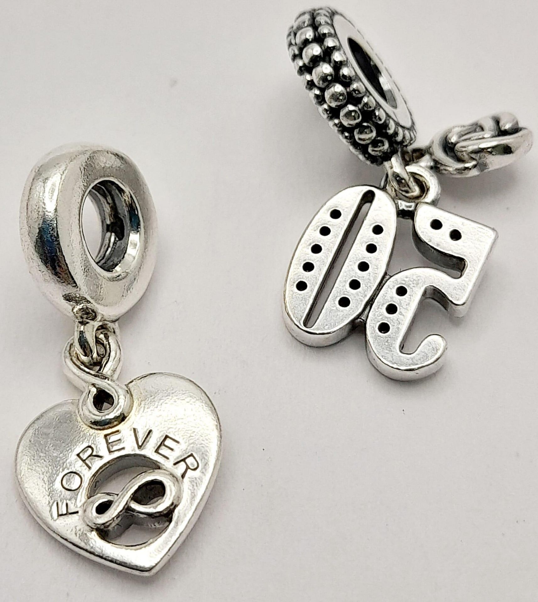 2X fancy Pandora 925 silver charms/pendants include a "Friend Forever" heart and a silver stone - Image 2 of 9
