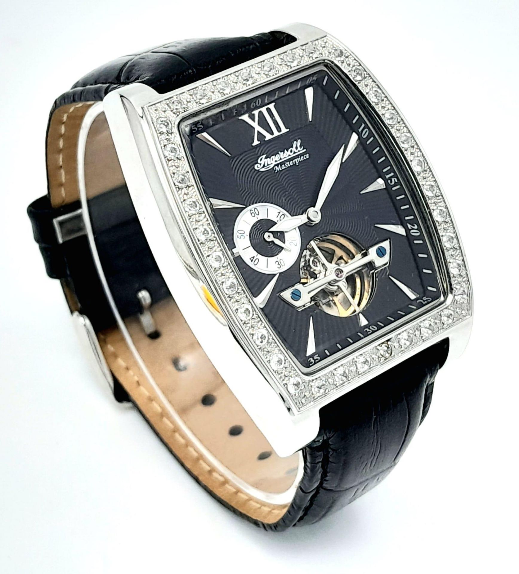 An Ingersoll Masterpiece Automatic Gents Watch. Black leather strap. Stainless steel skeleton - Image 3 of 6