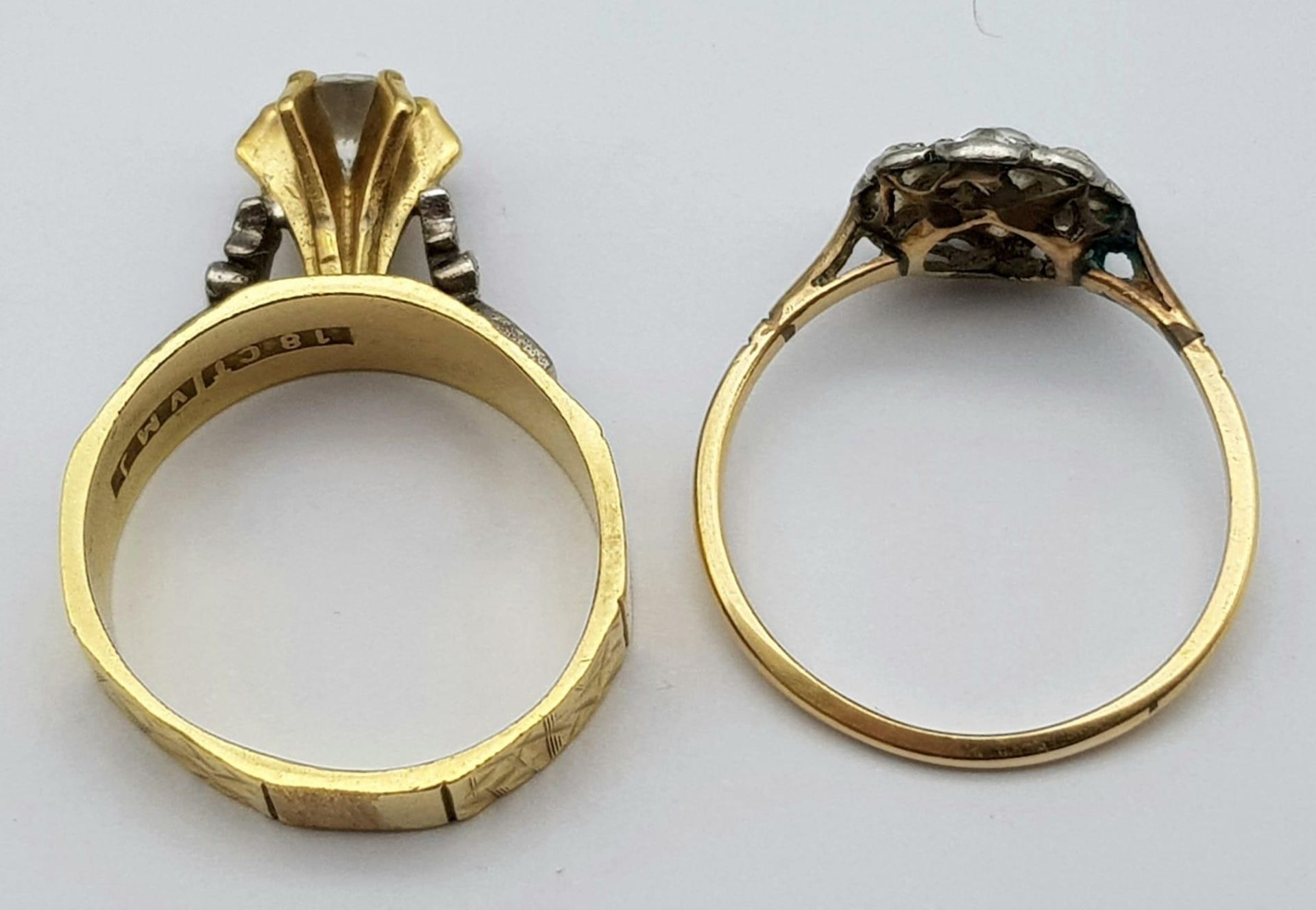 Two Different Style 18K Yellow Gold and Diamond Rings. An elevated 0.50ct brilliant round cut - Image 6 of 7