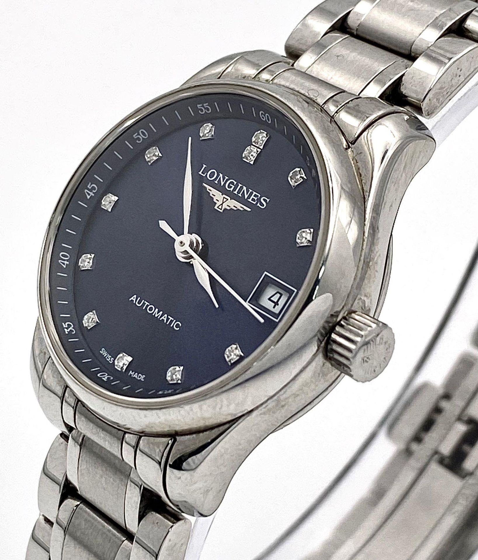 A Longines Automatic Diamond Ladies Watch. Stainless steel bracelet and case - 26mm. Electric blue - Image 6 of 12