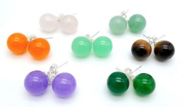 Seven Different Coloured Pairs of Jade Ball Stud Earrings set in 925 Silver.