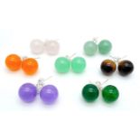 Seven Different Coloured Pairs of Jade Ball Stud Earrings set in 925 Silver.