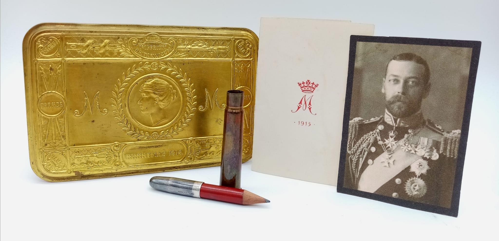 WW1 British 1914 Princess Mary Christmas Tin with original pencil, Christmas Card & Picture of the