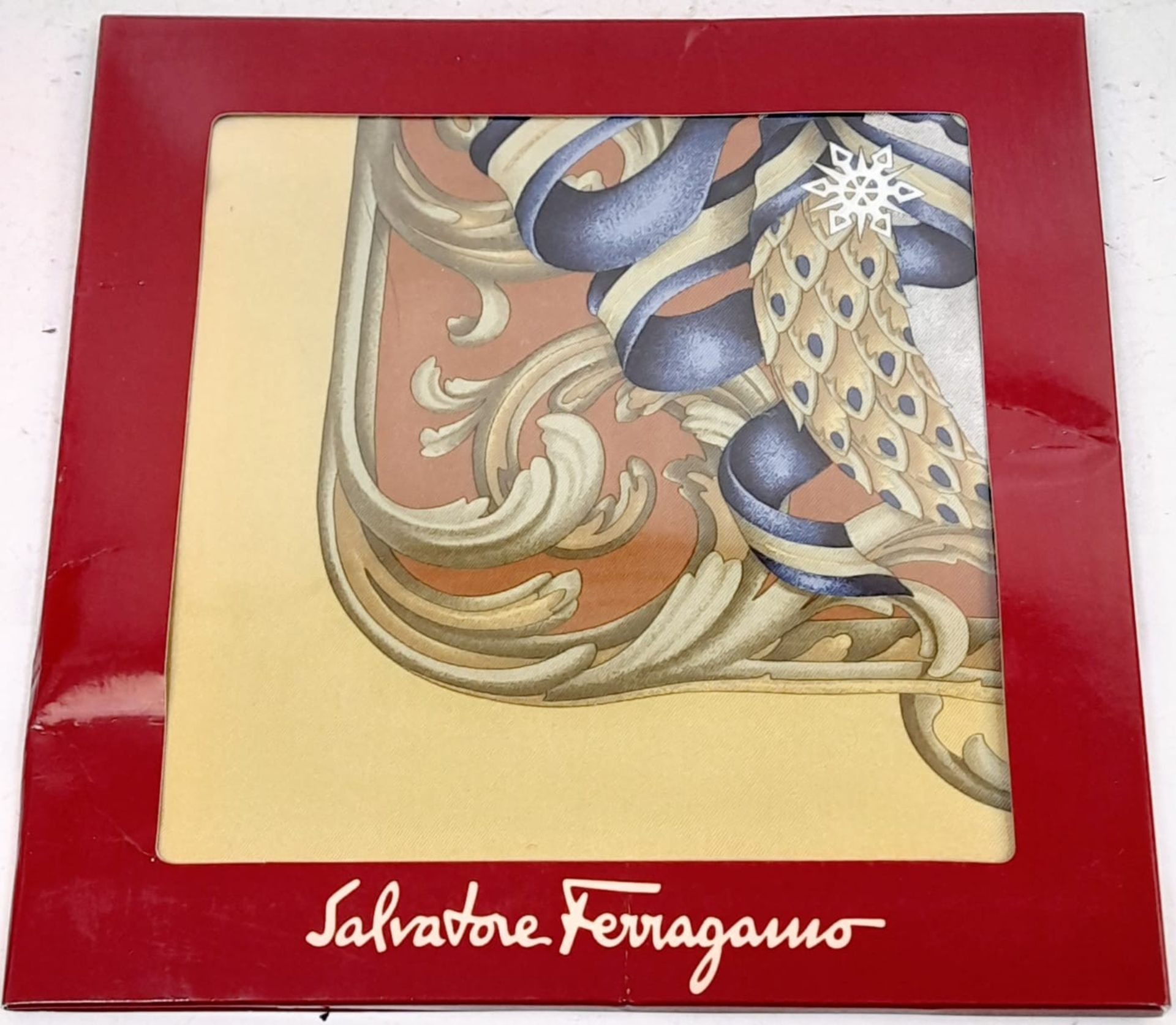 A Salvatore Ferragamo Arctic Themed Silk Scarf. Depicts penguins, whale, polar bear and Inuit. Comes
