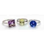 Three 925 Sterling Silver Gemstone Rings: Citrine - Size N, Amethyst - Size R and Topaz - Size N.