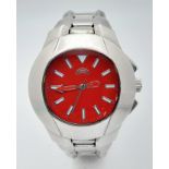 A Vintage Adidas, Red Face, Stainless Steel Date Watch. 45mm Including Crown. Full Working Order.