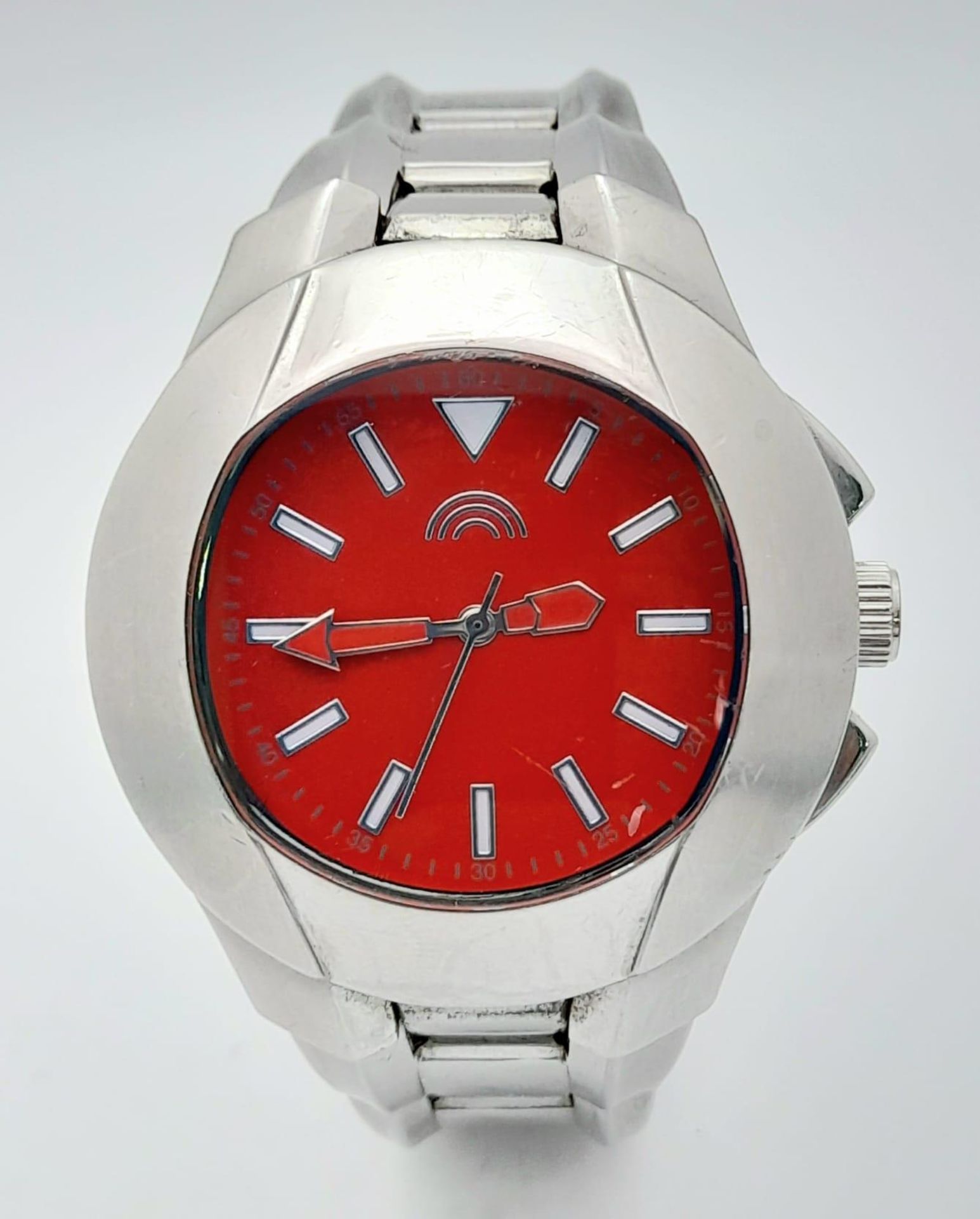 A Vintage Adidas, Red Face, Stainless Steel Date Watch. 45mm Including Crown. Full Working Order.