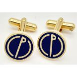 A Pair of Round Yellow Gold Gilt Blue Panel Inset Cufflinks by Dunhill in their original