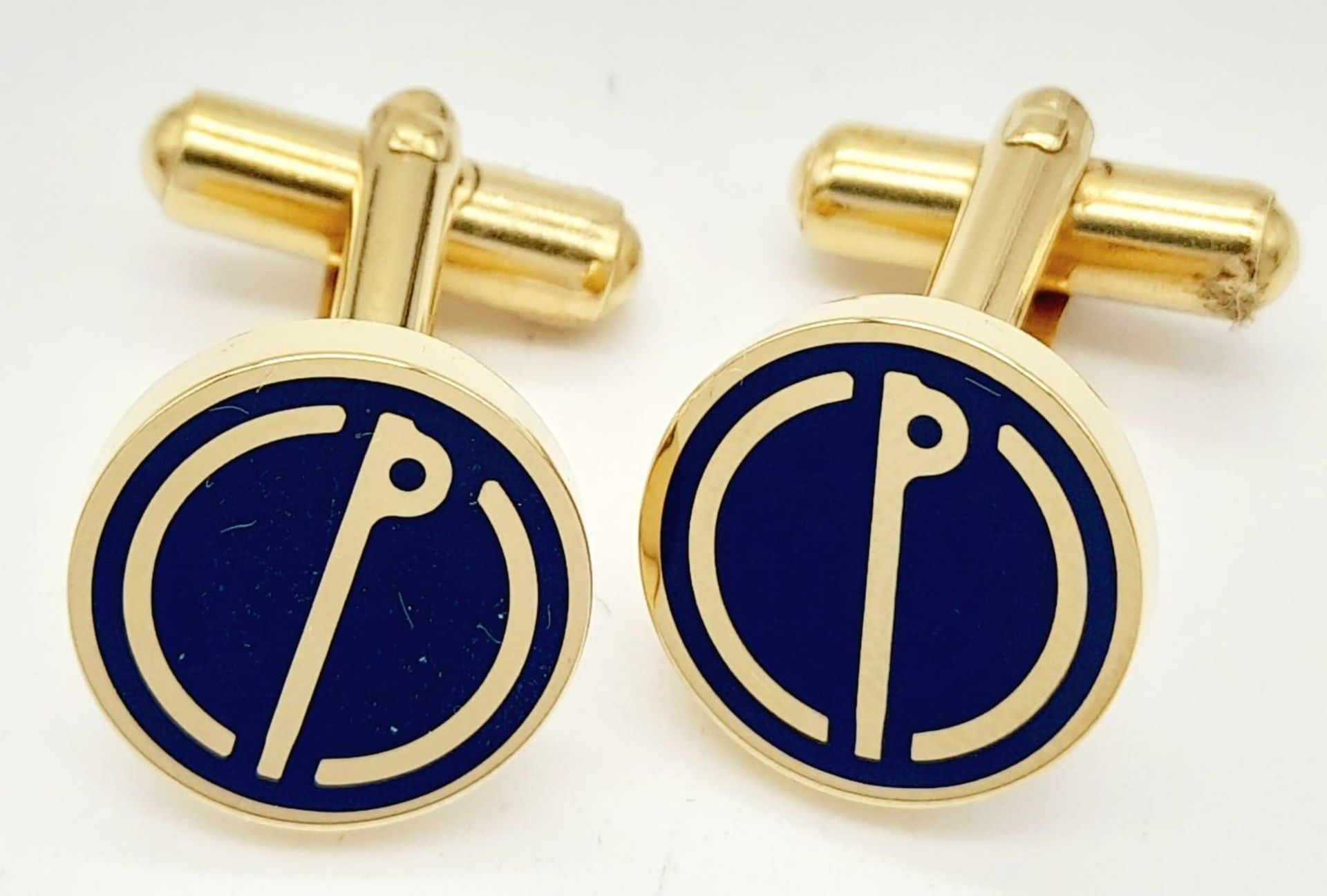 A Pair of Round Yellow Gold Gilt Blue Panel Inset Cufflinks by Dunhill in their original