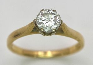 An 18K Yellow Gold Diamond Solitaire Ring. 0.75ct brilliant round cut diamond. Size N. 2.65g total