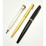 A PARKER FOUNTAIN PEN WITH GOLD NIB PLUS 2 OTHER PENS ,