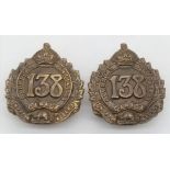 WW1 Canadian Expeditionary Force Collar Badges.138th Battalion Edmonton, Alberta Regiment.