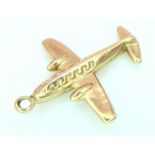 A 9K Yellow Gold Aeroplane Pendant/Charm. 2cm. 0.5g