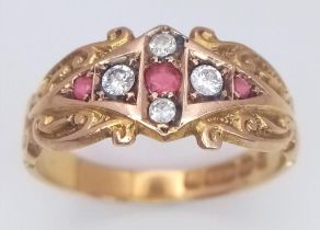 AN ANTIQUE 15K YELLOW GOLD ANTIQUE DIAMOND & RUBY RING. 3G. SIZE L. HALLMARKED CHESTER 1904.