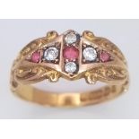 AN ANTIQUE 15K YELLOW GOLD ANTIQUE DIAMOND & RUBY RING. 3G. SIZE L. HALLMARKED CHESTER 1904.