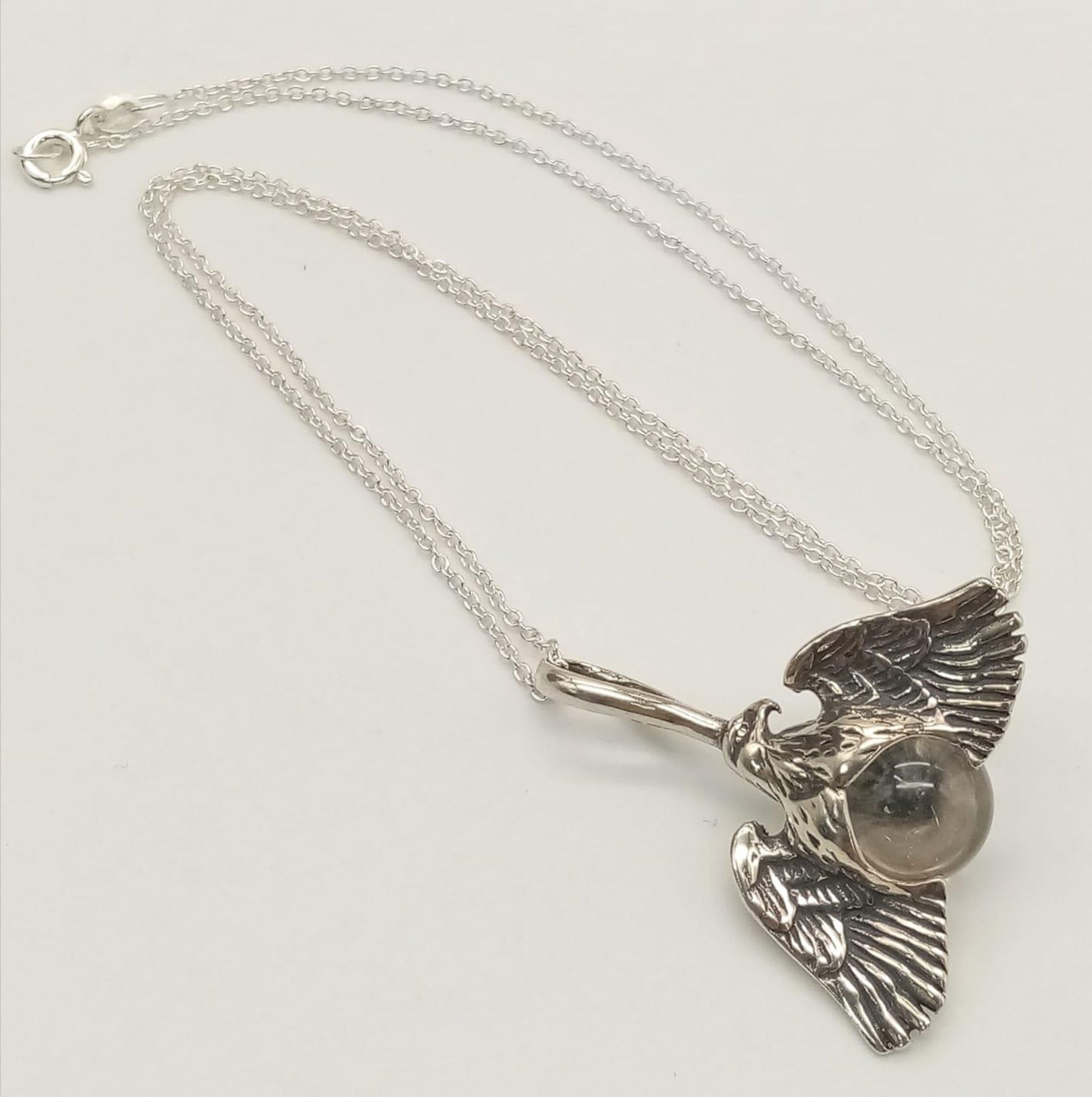 A Unique Sterling Silver Eagle and Crystal Ball Pendant Necklace. Sterling Silver Pendant Measures - Image 2 of 10