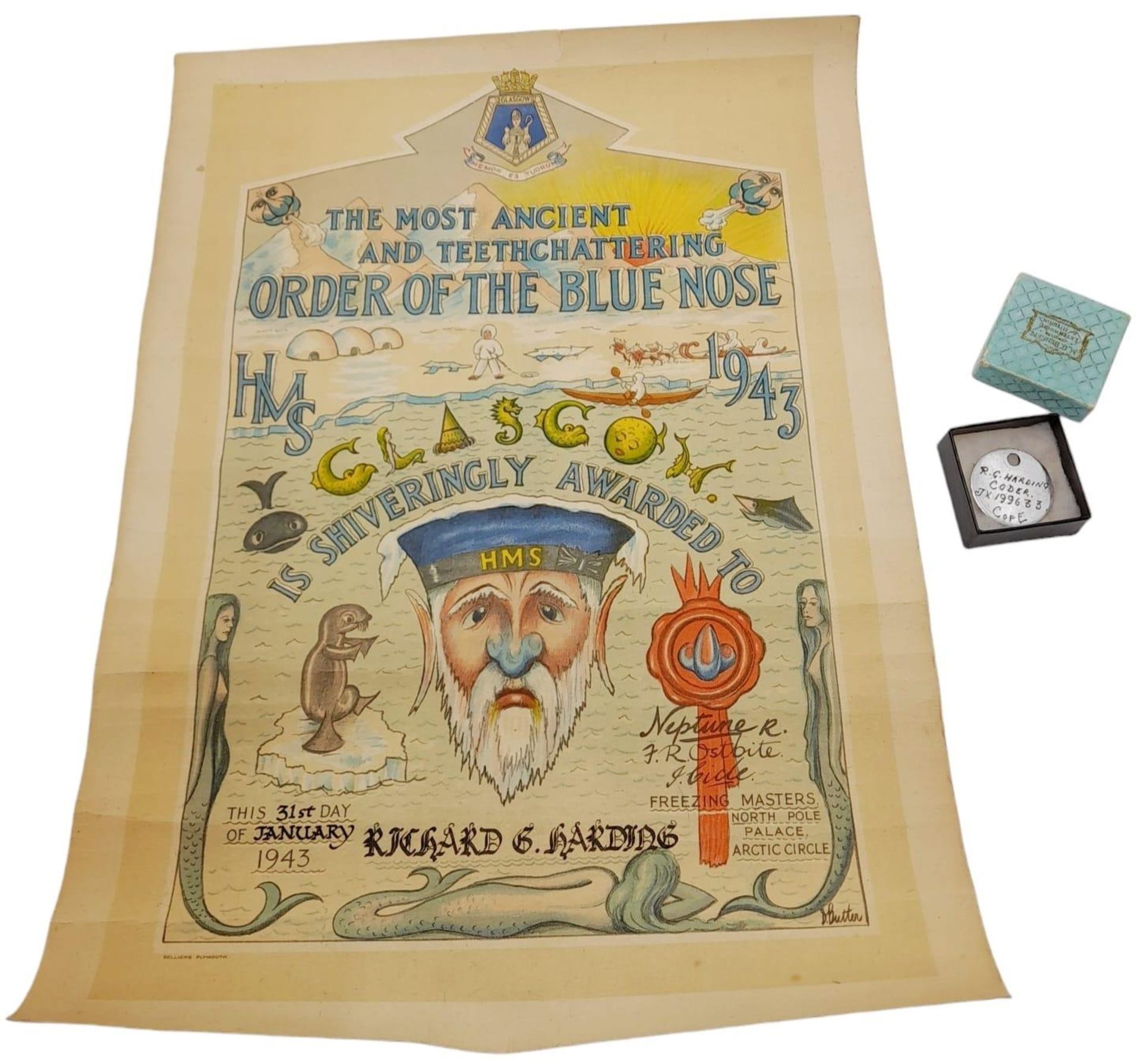 An Original Dated 1943 Poster Award known as the ‘Order of the Blue Nose’ for Sailors crossing the