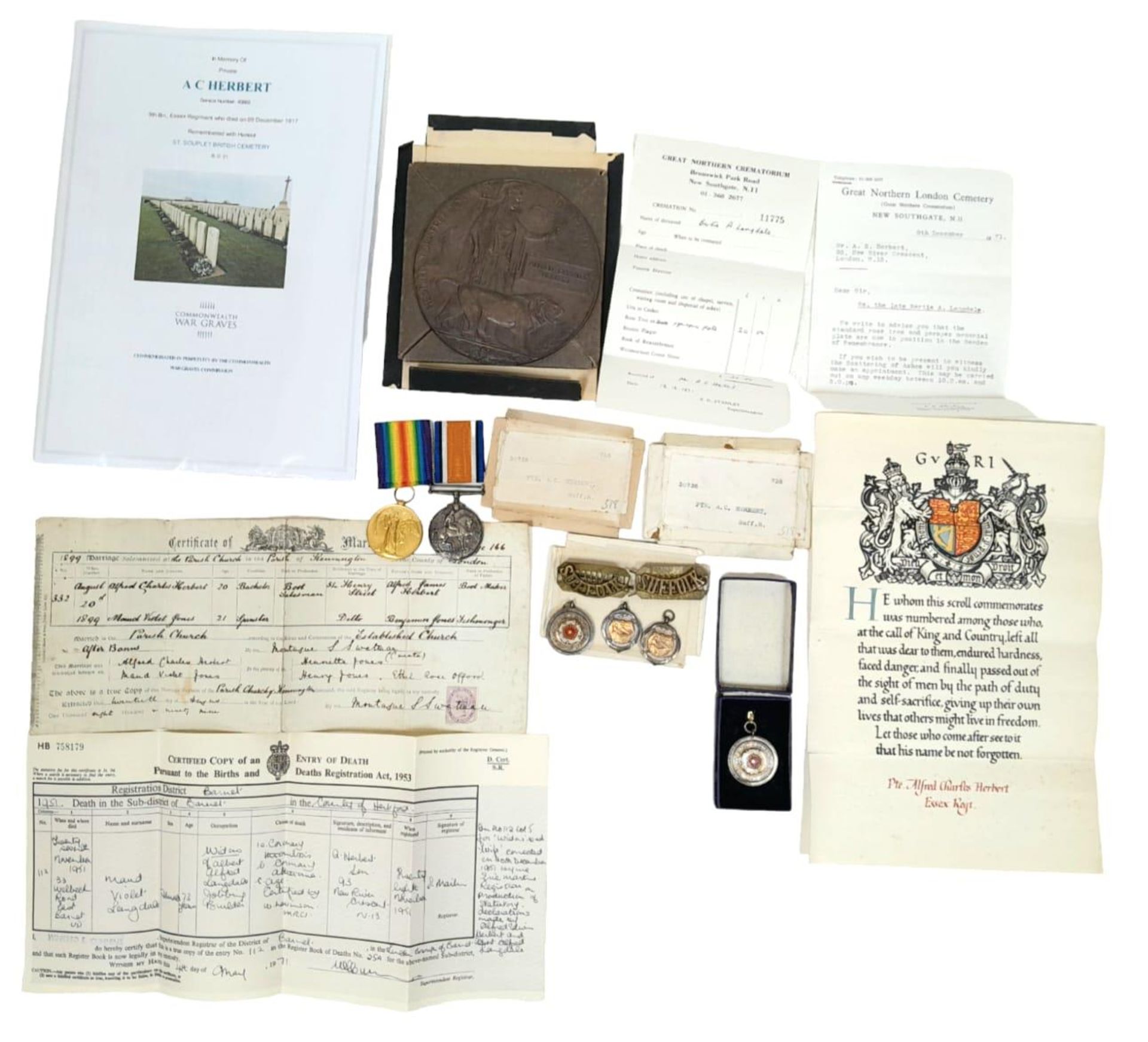 A British War Medal and Victory Medal pair, together with Memorial Plaque, to a Battle of Cambrai