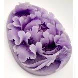 A Beautiful Dark Lavender Jade Oval Pendant. Decorative floral and bird decoration. 6cm.