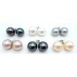 Six Pairs of Colourful Metallic South Sea Pearl Shell 12mm Bead Stud Earrings. Set in 925 silver.