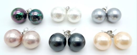 Six Pairs of Colourful Metallic South Sea Pearl Shell 12mm Bead Stud Earrings. Set in 925 silver.