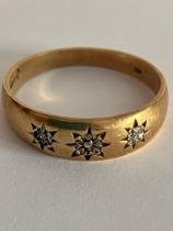 9 carat GOLD, THREE STONE GYPSY RING. Consisting YELLOW GOLD BAND with 3 x DIAMONDS set to top. Full