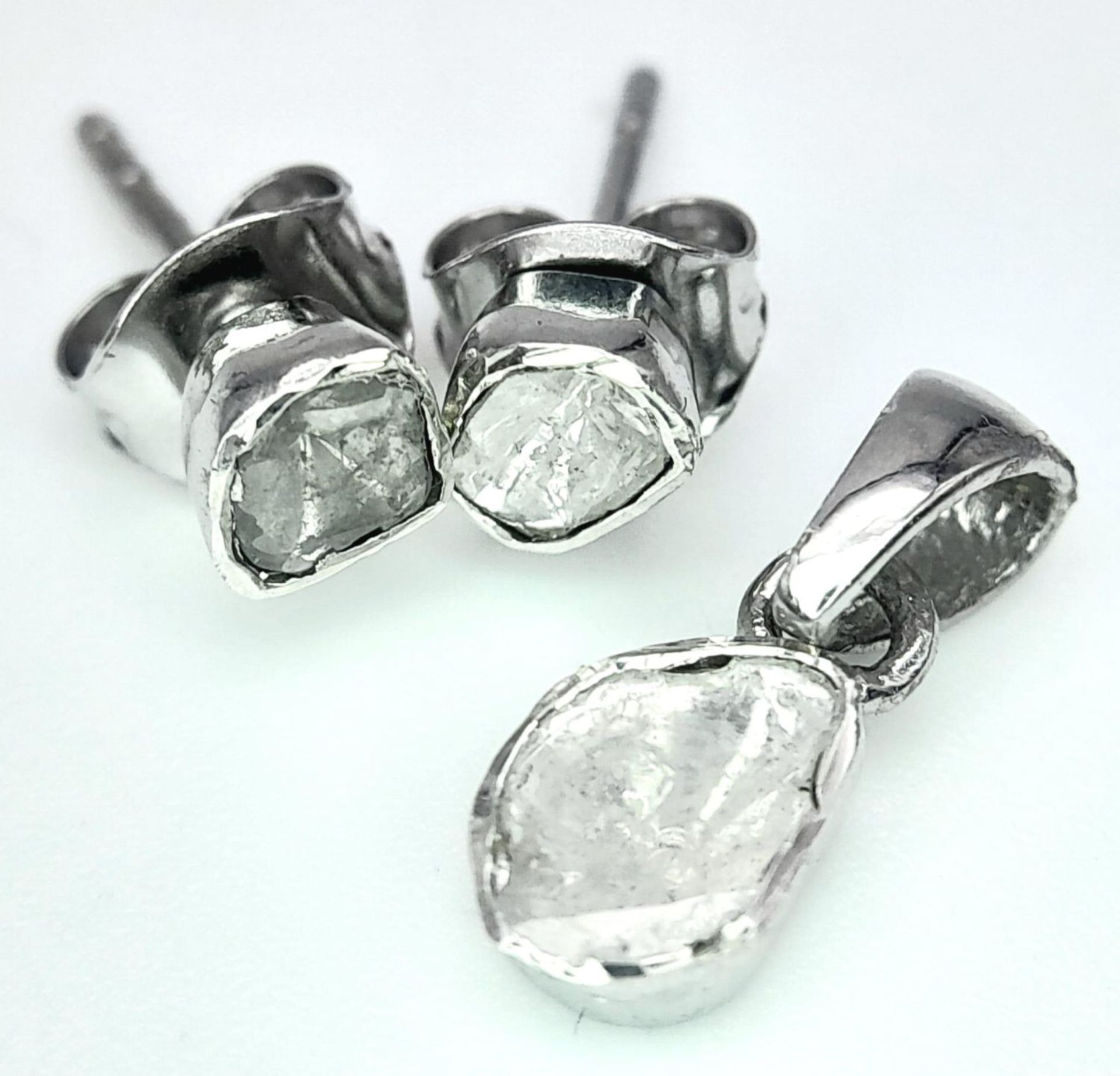A Pair of 925 Silver, Diamond Earrings and Pendant. Old cut diamonds. - Bild 2 aus 6