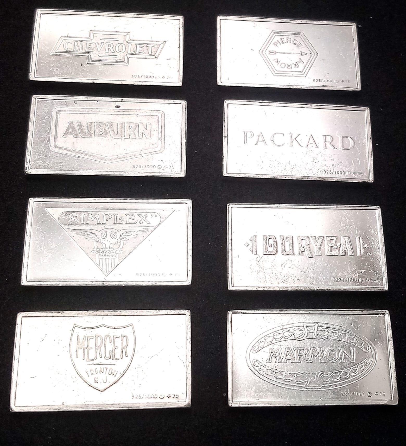 A Selection of 8 Sterling Silver American USA Car Manufacturer Plaques - Mercer, Simplex, Marmon,