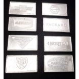 A Selection of 8 Sterling Silver American USA Car Manufacturer Plaques - Mercer, Simplex, Marmon,