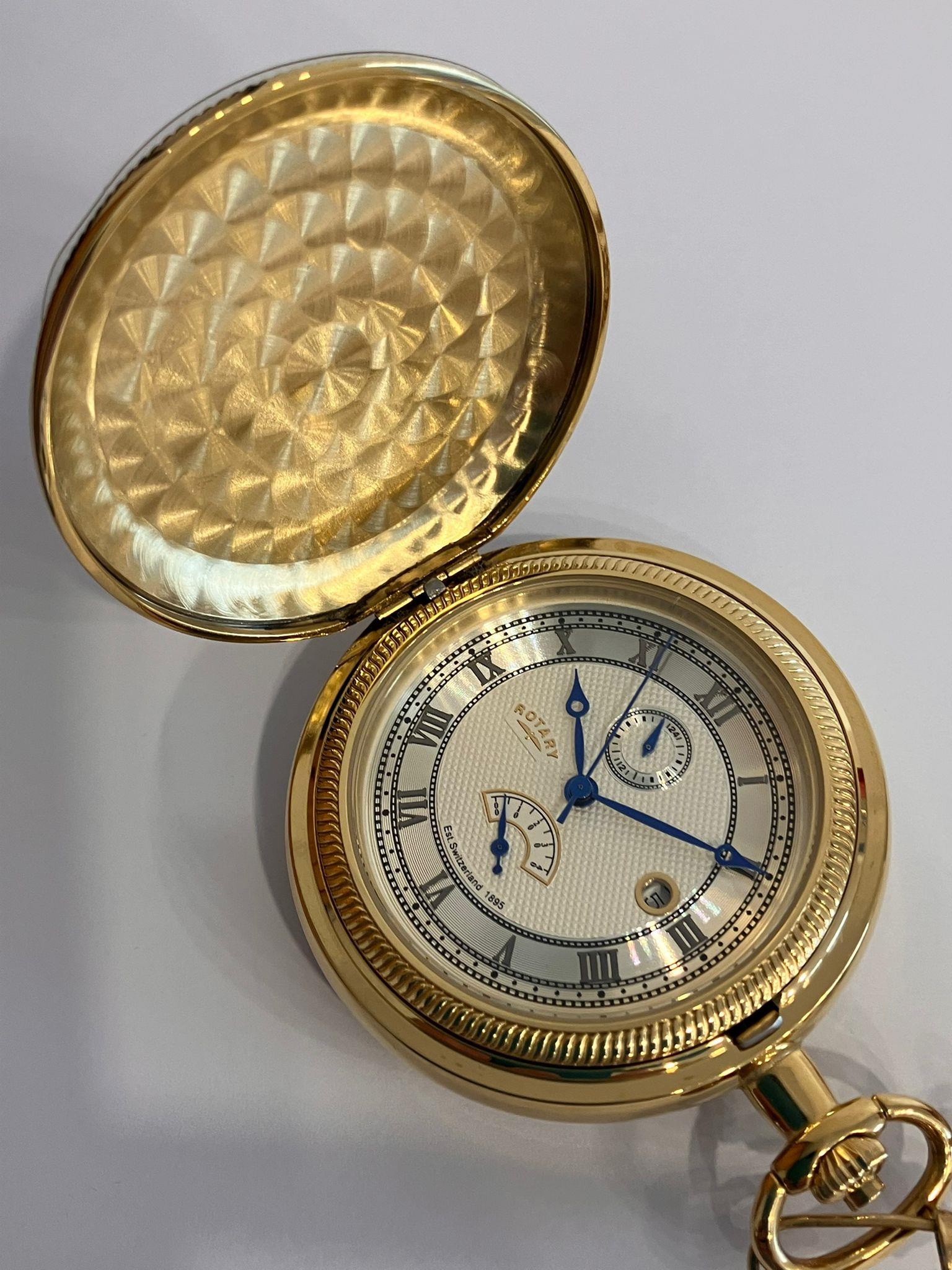 Gentlemans ROTARY GOLD PLATED FULL HUNTER POCKET WATCH & CHAIN. Hand wind/automatic. Gold plated