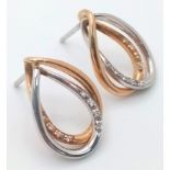 A Pair of 18K 2 Colour Diamond Set Drop Stud Earrings. Need butterfly backs. 2.1cm length, 6g