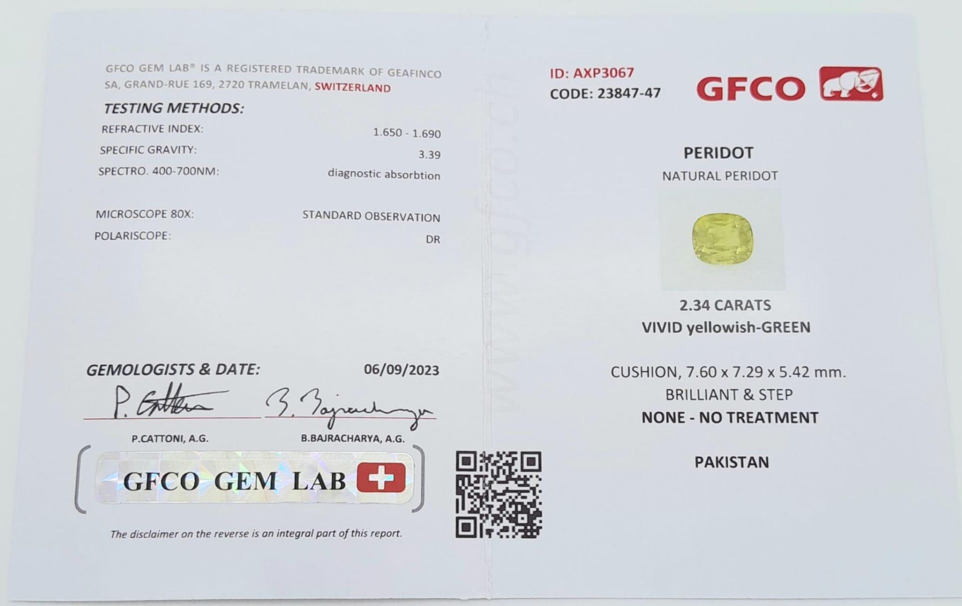 A 2.34ct Pakistan Natural Peridot Gemstone, Cushion cut. Comes with the GFCO Swiss Certificate. ref: - Bild 5 aus 5