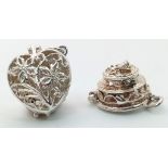 2 X STERLING SILVER CHARMS WEDDING CAKE WHICH OPENS TO REVEAL A BRIDE AND GROOM AND A HEART WHICH