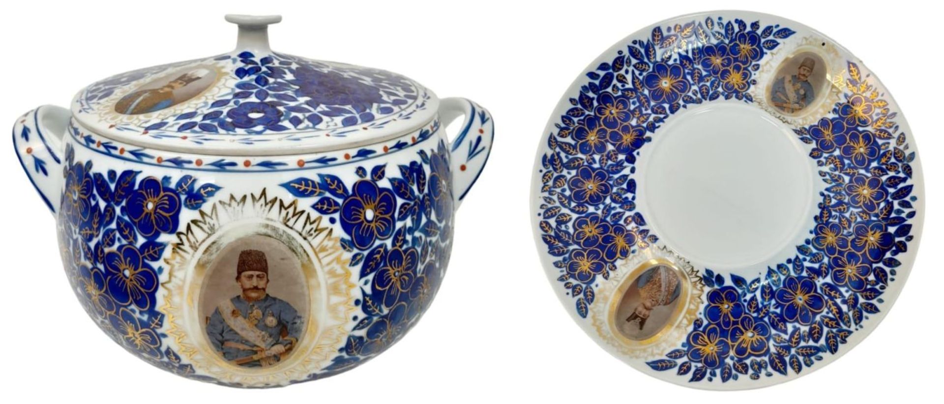 A LIDDED QAJAR TUREEN AND PLATE WITH NASIR AL DIN 'S PICTURE - Image 5 of 10