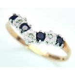 A Vintage 9K Yellow Gold Sapphire and Diamond Chevron Ring. Size N. 1g total weight.