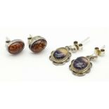 2X pairs of fancy 925 silver Amber and Agate earrings. Total weight 3.4G.