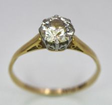 A Vintage 18K Yellow Gold and Platinum Diamond Solitaire Ring. 1ct brilliant round cut diamond. Size