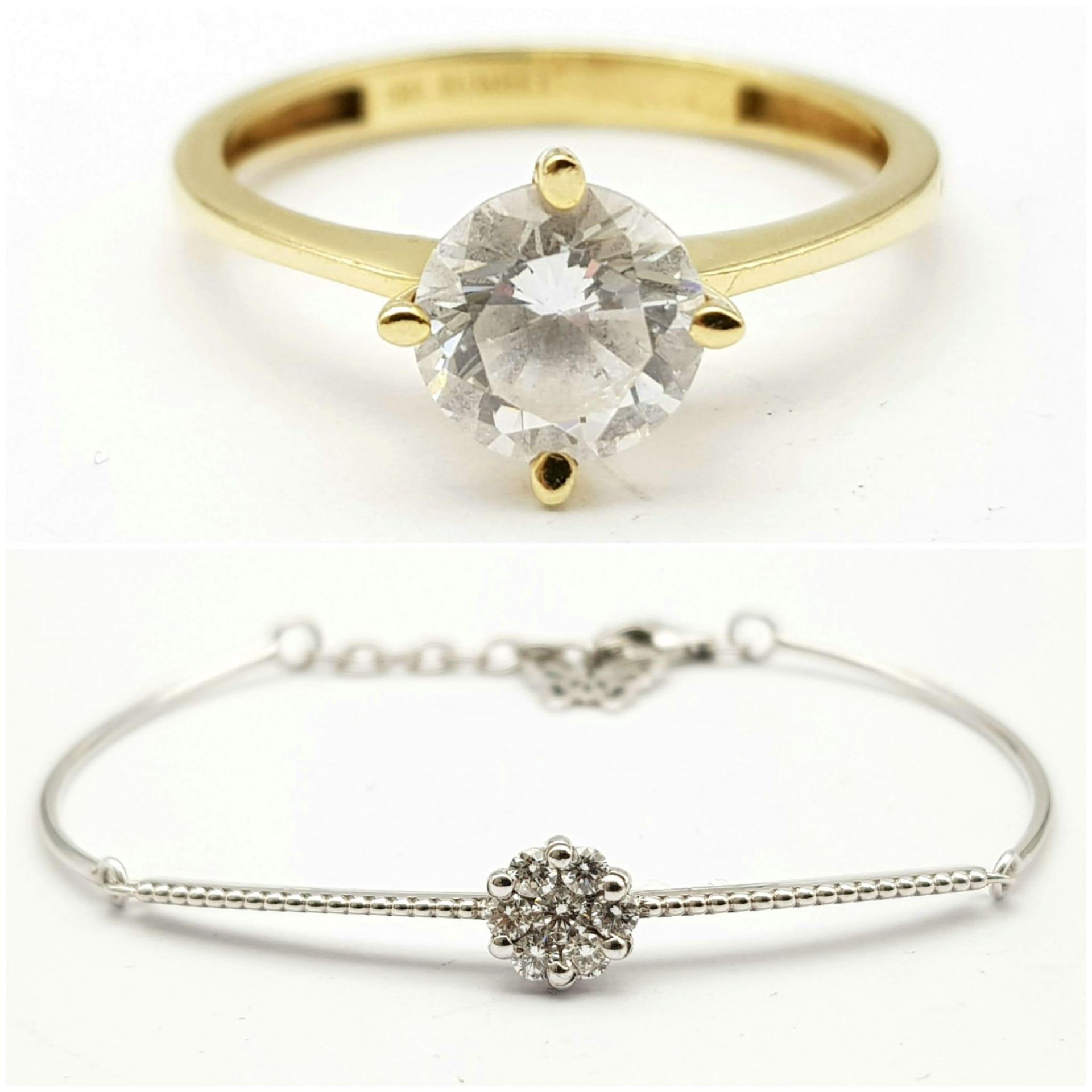 A 14K Yellow Gold Zircon Solitaire Ring PLUS a 14K White Gold Diamond Bracelet. Ring - 1ct