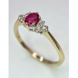 A 9K Yellow Gold Diamond & Red Stone (probably ruby) Ring. Size S, 2g total weight. Ref: 8418