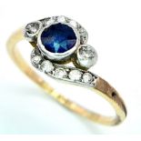 AN 18K YELLOW GOLD VINTAGE OLD CUT DIAMOND & SAPPHIRE RING. 2.5G. SIZE O.