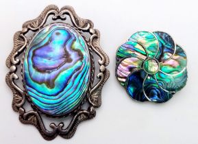2X vintage silver Abalone inlay brooches include a Mexican flower and oval brooch. Total weight 19.