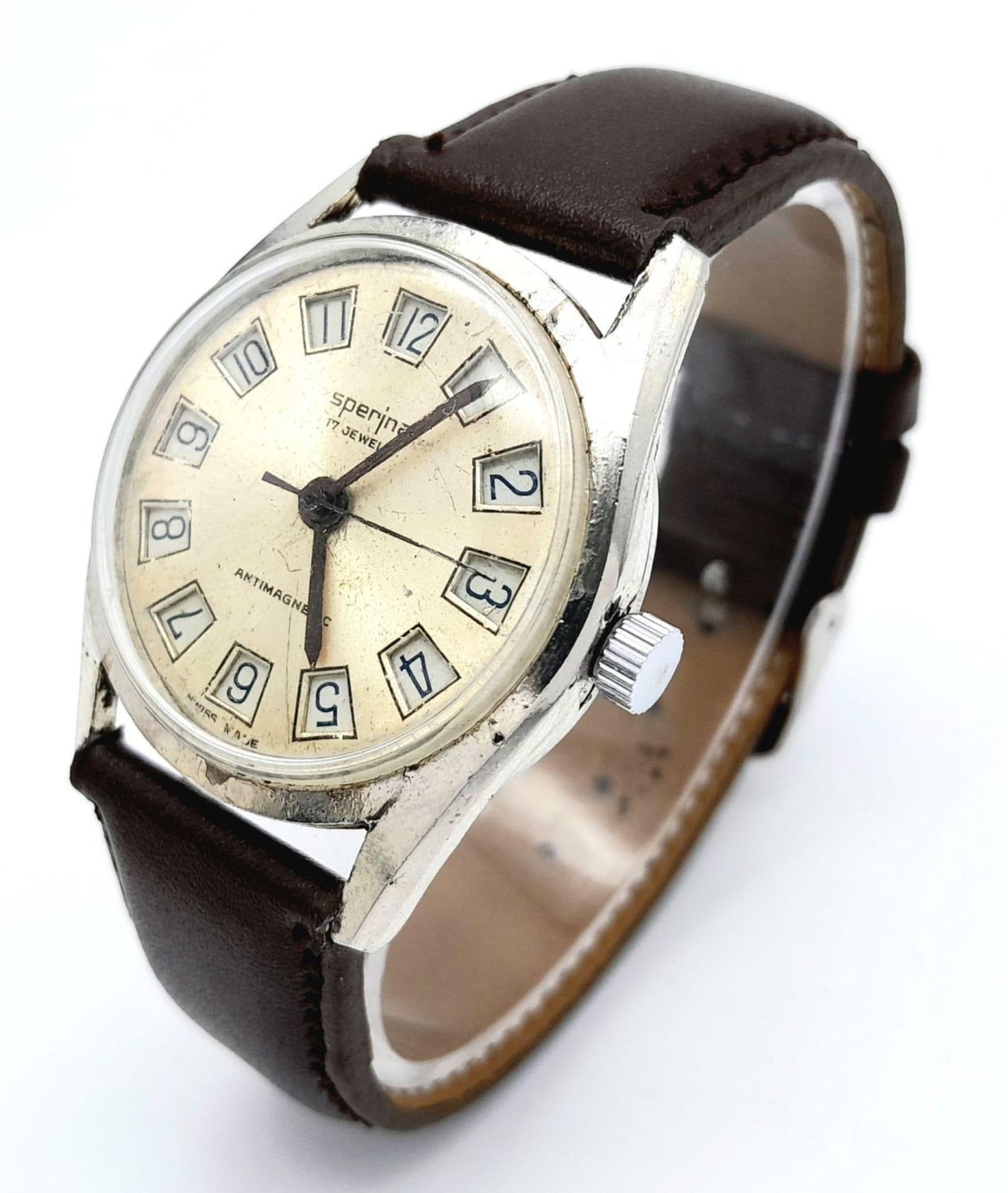 A Rare Vintage Sperina 'Jump hours' Watch. Watch switches to 24hr clock! Brown leather strap. - Image 2 of 7